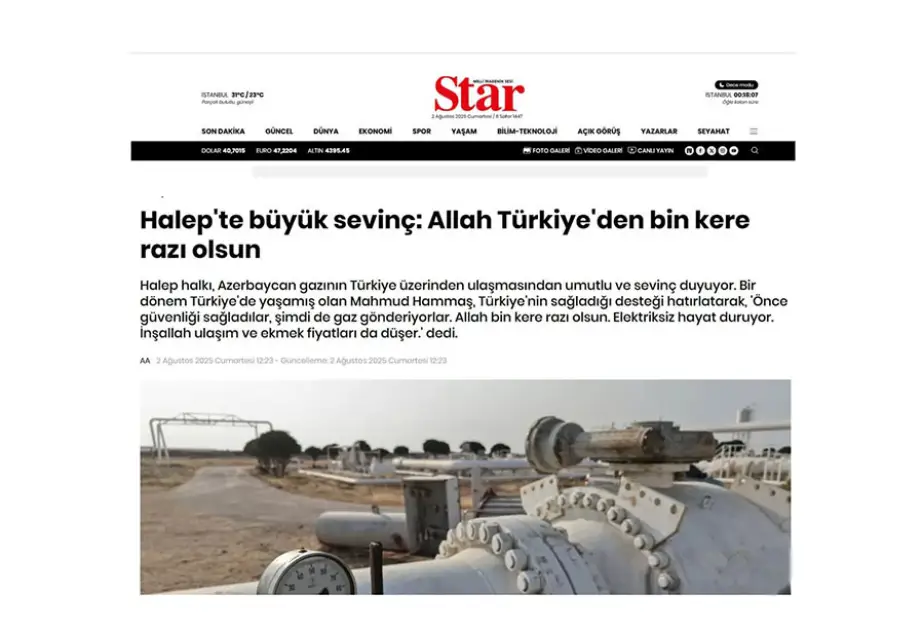 “Star” qəzeti: Türkiyə və Azərbaycanın enerji əməkdaşlığı Suriya üçün həyati əhəmiyyət daşıyır