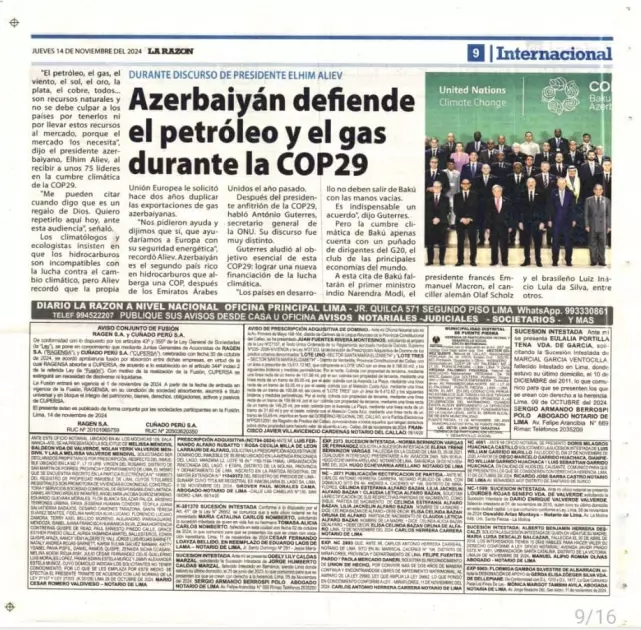 Peru mətbuatı Azərbaycanda keçirilən COP29-dan yazır