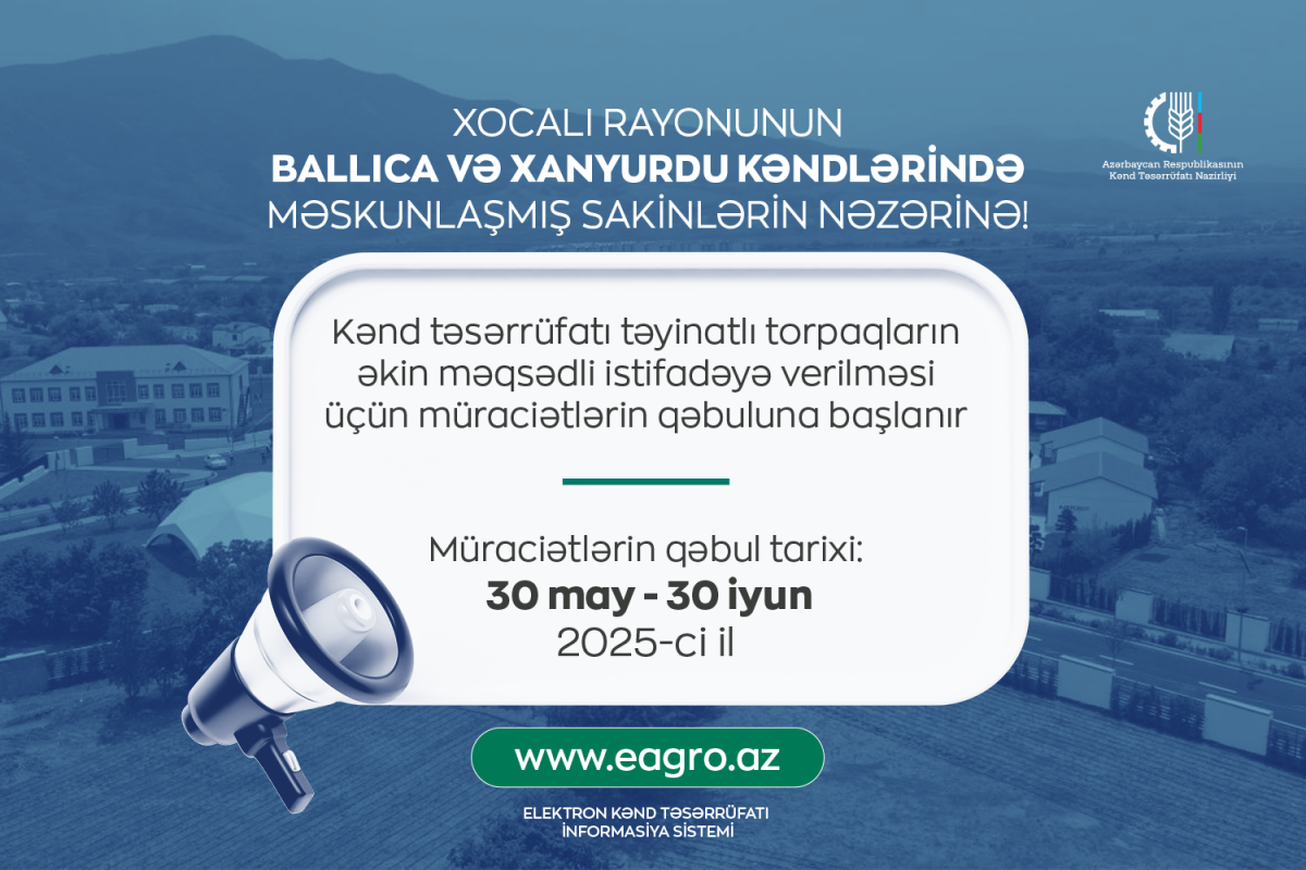 Xocalının Ballıca və Xanyurdu kəndində torpaqların əkin məqsədli istifadəyə verilməsi üçün müraciətlərin qəbuluna başlanır