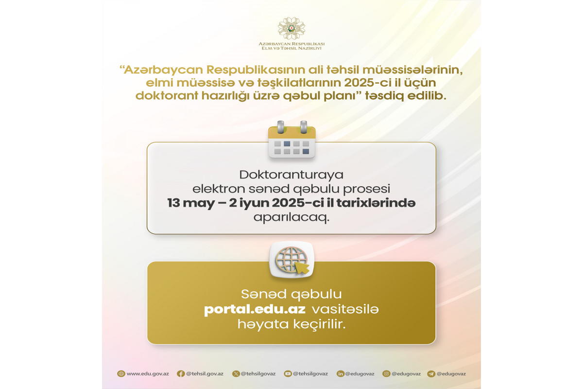 Doktorantura səviyyəsi üzrə elektron sənəd qəbuluna başlanılıb