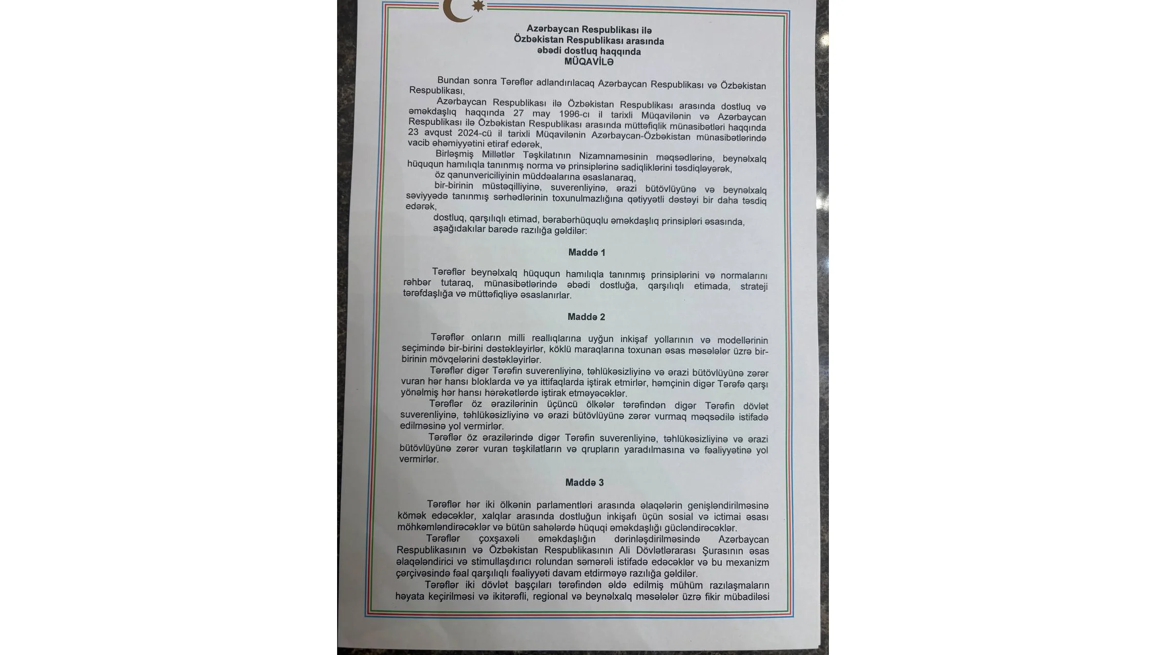 Azərbaycan ilə Özbəkistan arasında TARİXİ MÜQAVİLƏ