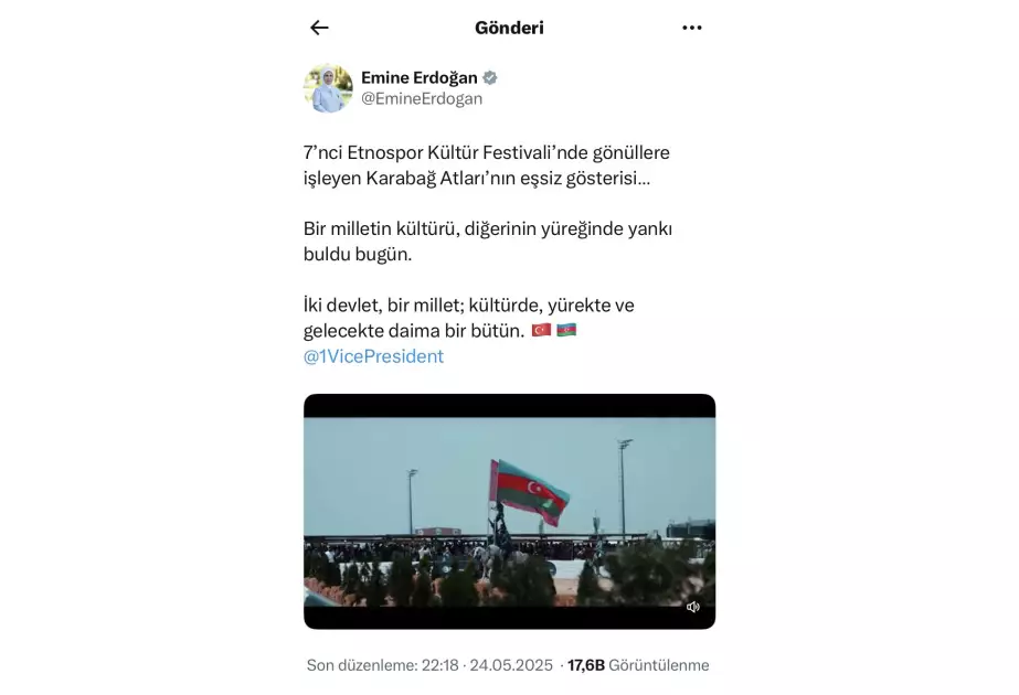 Əminə Ərdoğan: “Bir millət, iki dövlət” - daim bir, bütöv