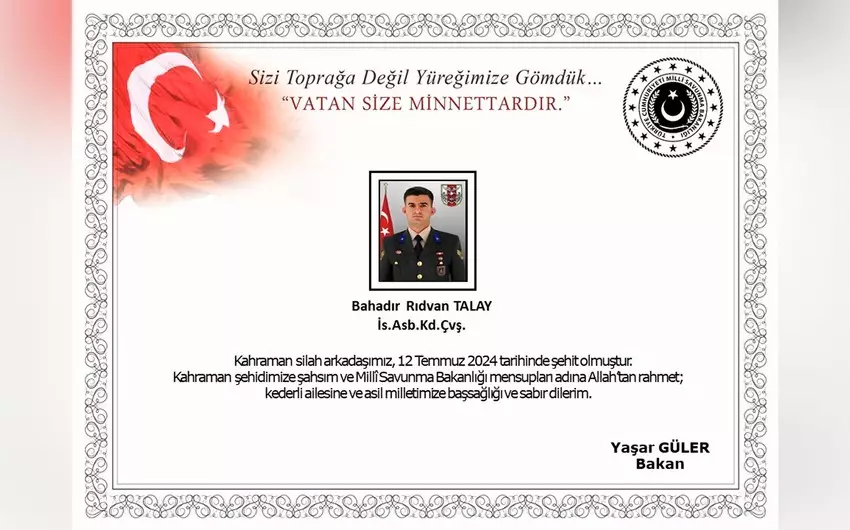 Türkiyə ordusunun bir hərbçisi şəhid olub