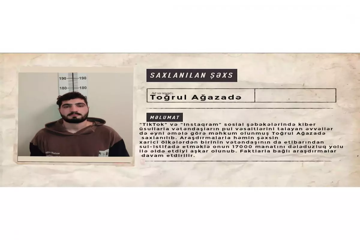 “TikTok" və “Instaqram”da əcnəbinin 17 min manatını ələ keçirən şəxs tutulub