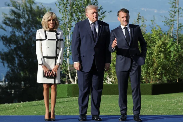US President Donald Trump and Macron couple meet at G7 summit